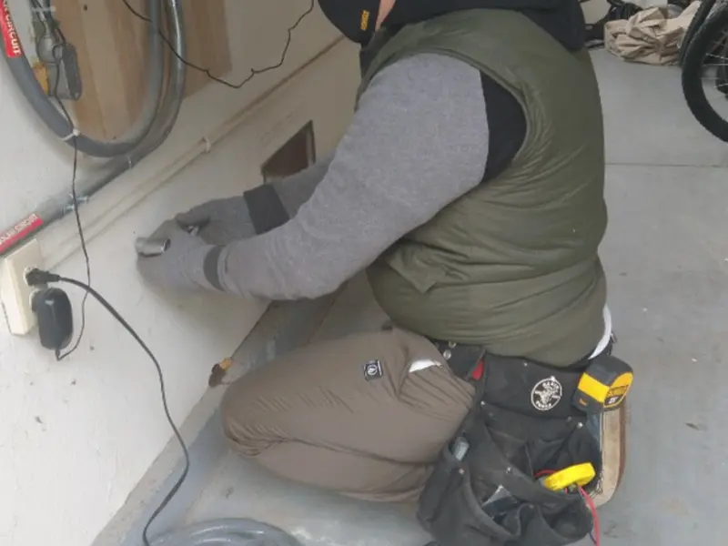 Electrician performing outlet wiring in a Orion garage